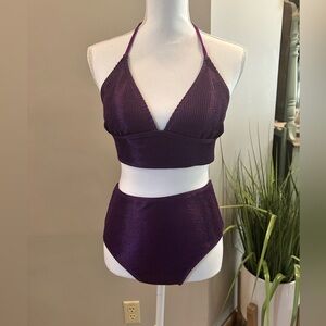 Shiny Purple Ribbed  Halter Bikini and High Rise bottom Cupshe NWT L